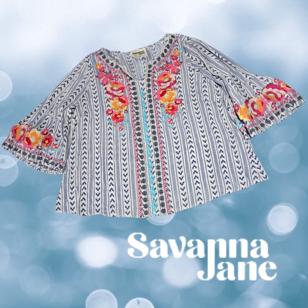 Savanna Jane Womens Embroidered Floral Boho Bell Sleeve Blouse Blue White 2X